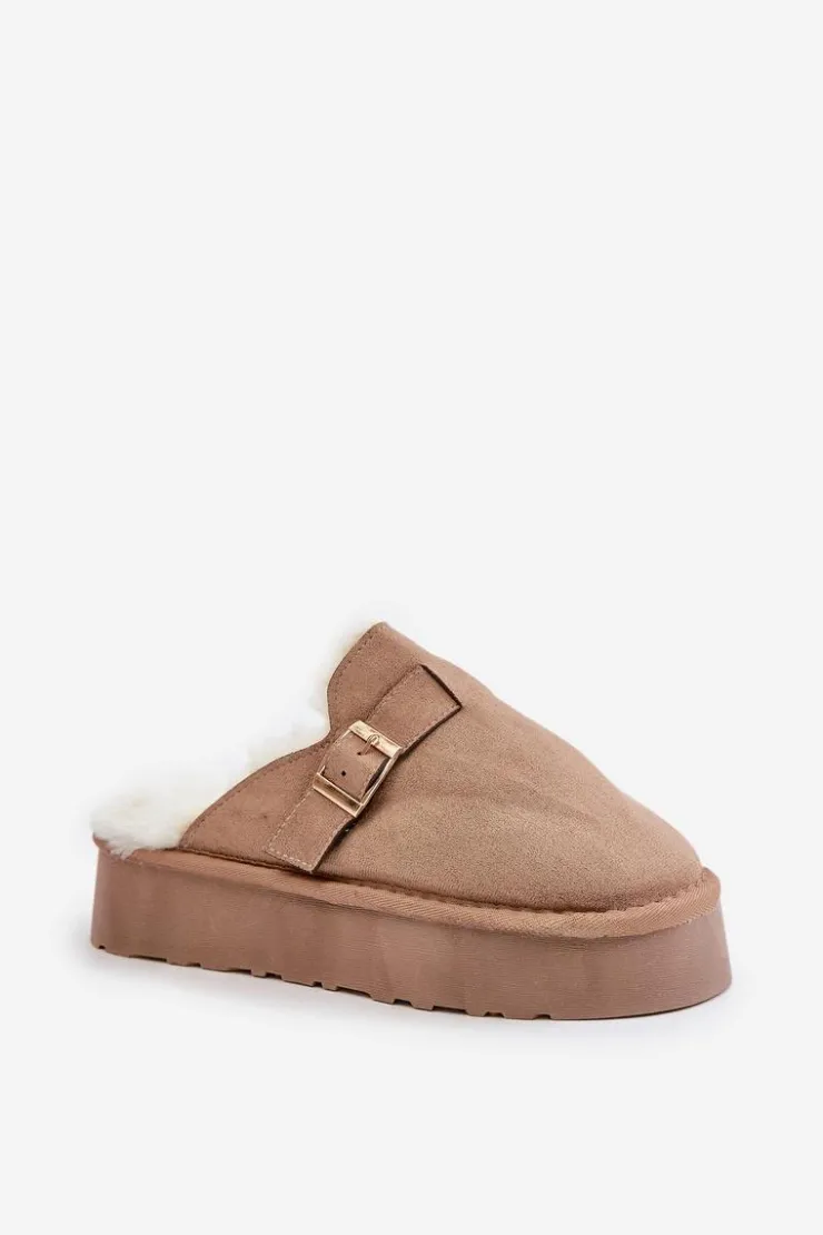 New Boto Kapcie Damskie Na Grubej Podeszwie Z Futerkiem I Klamrą Ciemnobeżowe Linneola Beżowy