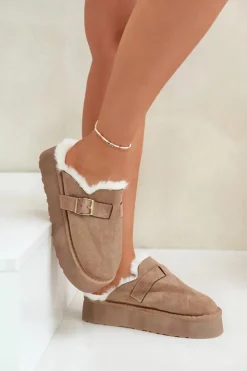 New Boto Kapcie Damskie Na Grubej Podeszwie Z Futerkiem I Klamrą Ciemnobeżowe Linneola Beżowy