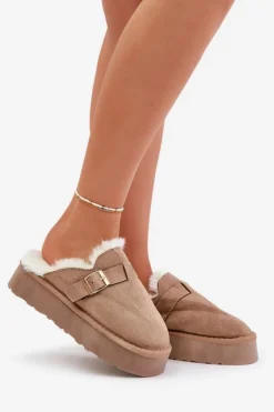 New Boto Kapcie Damskie Na Grubej Podeszwie Z Futerkiem I Klamrą Ciemnobeżowe Linneola Beżowy