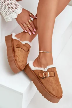 Boto Kapcie Klasyczne*Kapcie Damskie Na Grubej Podeszwie Z Futerkiem I Klamrą Camel Linneola Brązowy