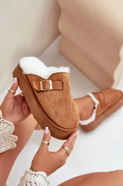 Boto Kapcie Klasyczne*Kapcie Damskie Na Grubej Podeszwie Z Futerkiem I Klamrą Camel Linneola Brązowy