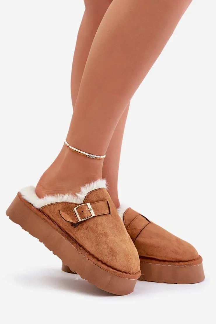 Boto Kapcie Klasyczne*Kapcie Damskie Na Grubej Podeszwie Z Futerkiem I Klamrą Camel Linneola Brązowy