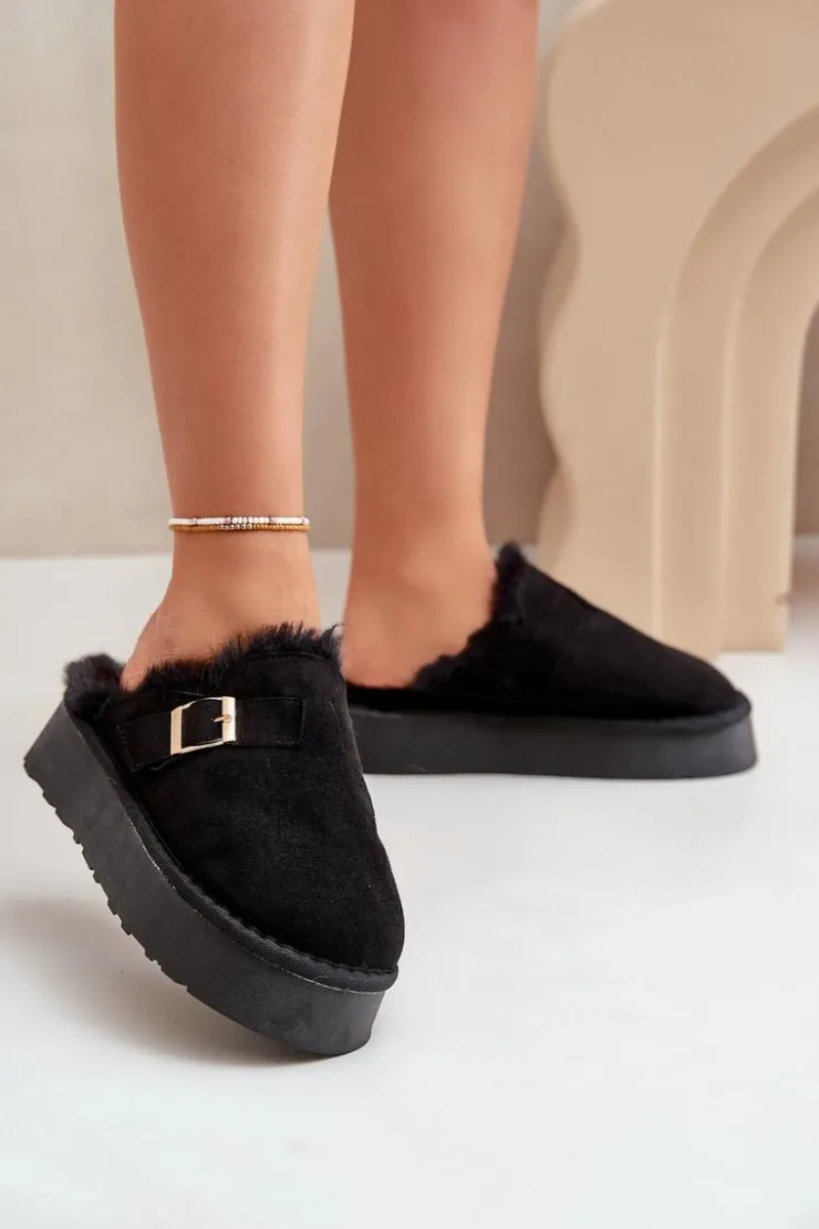 Sale Boto Kapcie Damskie Na Grubej Podeszwie Z Futerkiem I Klamrą Czarne Linneola Czarny