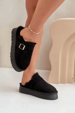 Sale Boto Kapcie Damskie Na Grubej Podeszwie Z Futerkiem I Klamrą Czarne Linneola Czarny