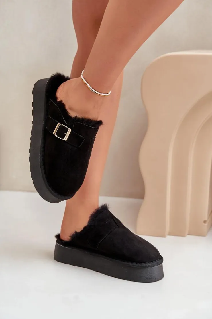 Sale Boto Kapcie Damskie Na Grubej Podeszwie Z Futerkiem I Klamrą Czarne Linneola Czarny
