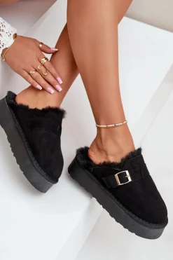 Sale Boto Kapcie Damskie Na Grubej Podeszwie Z Futerkiem I Klamrą Czarne Linneola Czarny