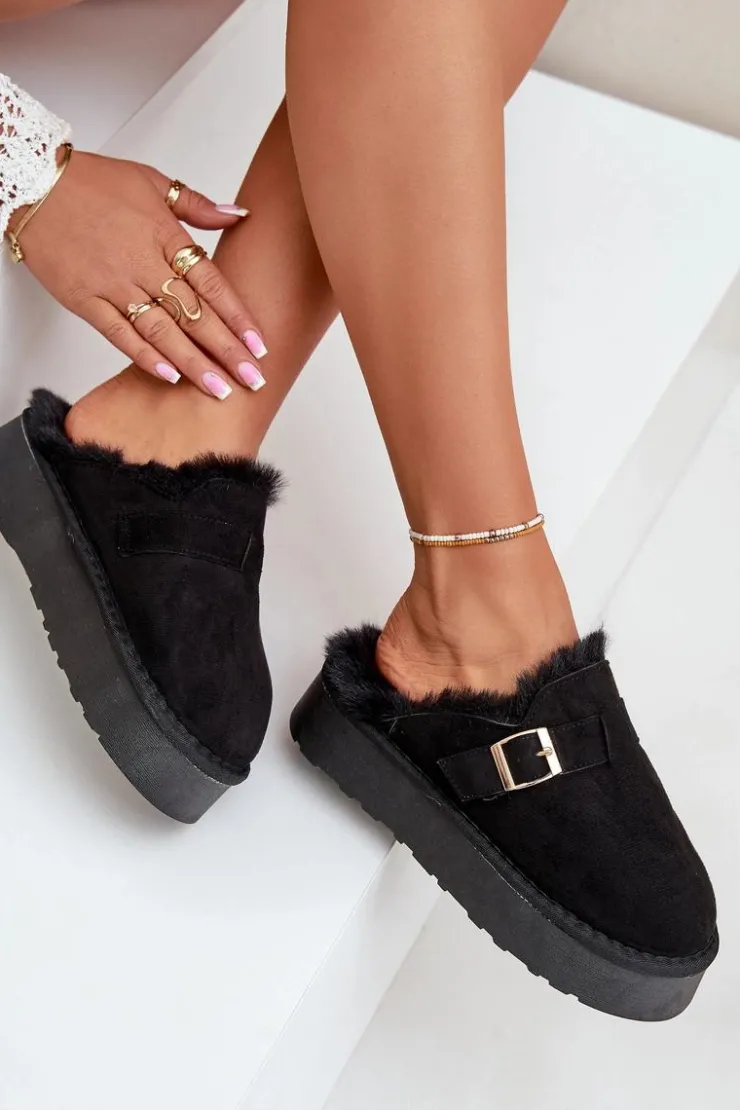 Sale Boto Kapcie Damskie Na Grubej Podeszwie Z Futerkiem I Klamrą Czarne Linneola Czarny