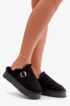 Sale Boto Kapcie Damskie Na Grubej Podeszwie Z Futerkiem I Klamrą Czarne Linneola Czarny