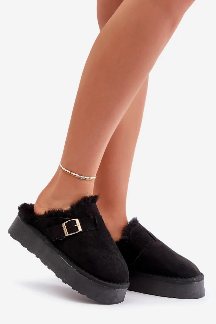 Sale Boto Kapcie Damskie Na Grubej Podeszwie Z Futerkiem I Klamrą Czarne Linneola Czarny