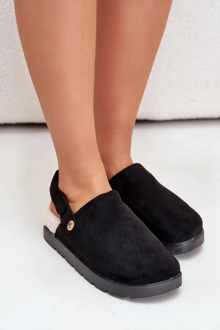 Boto Kapcie Klasyczne*Kapcie Damskie Na Platformie Ocieplane Futerkiem Typu Baranek Czarne Sanilora Czarny