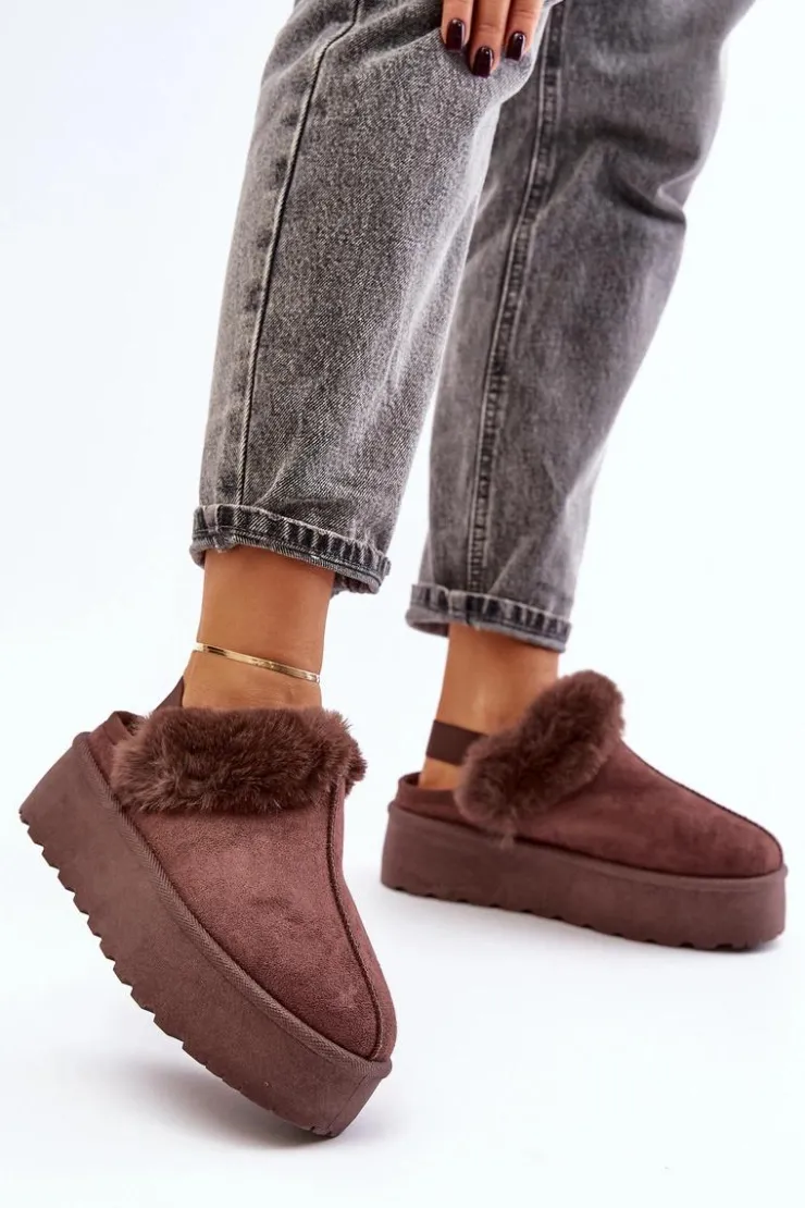 Outlet Boto Kapcie Damskie Na Platformie Z Futerkiem Brązowe Linaris