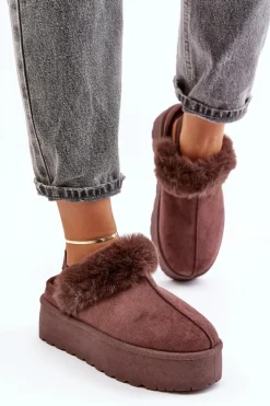 Outlet Boto Kapcie Damskie Na Platformie Z Futerkiem Brązowe Linaris