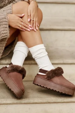 Outlet Boto Kapcie Damskie Na Platformie Z Futerkiem Brązowe Linaris