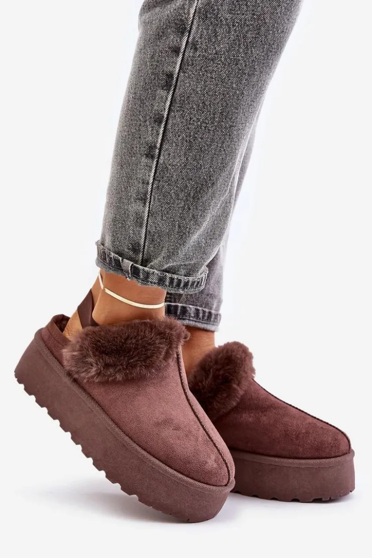 Outlet Boto Kapcie Damskie Na Platformie Z Futerkiem Brązowe Linaris