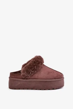 Outlet Boto Kapcie Damskie Na Platformie Z Futerkiem Brązowe Linaris