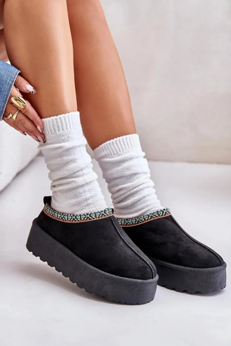 Damskie Boto Kapcie Damskie Na Platformie Z Haftem Czarne Neroma