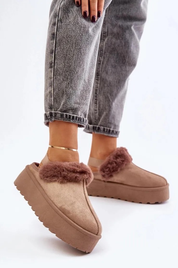 Damskie Boto Kapcie Damskie Na Platformie Z Futerkiem Ciemnobeżowe Linaris