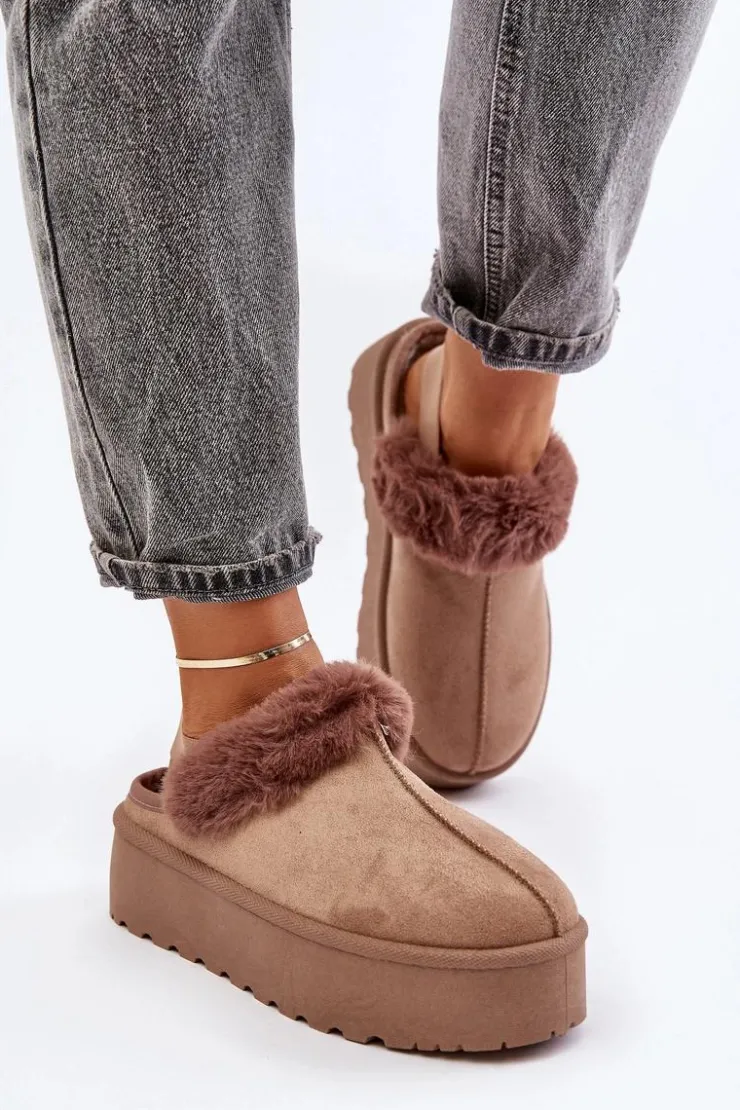 Damskie Boto Kapcie Damskie Na Platformie Z Futerkiem Ciemnobeżowe Linaris