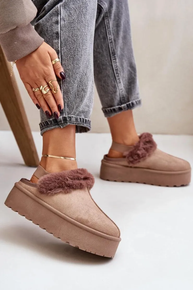 Damskie Boto Kapcie Damskie Na Platformie Z Futerkiem Ciemnobeżowe Linaris