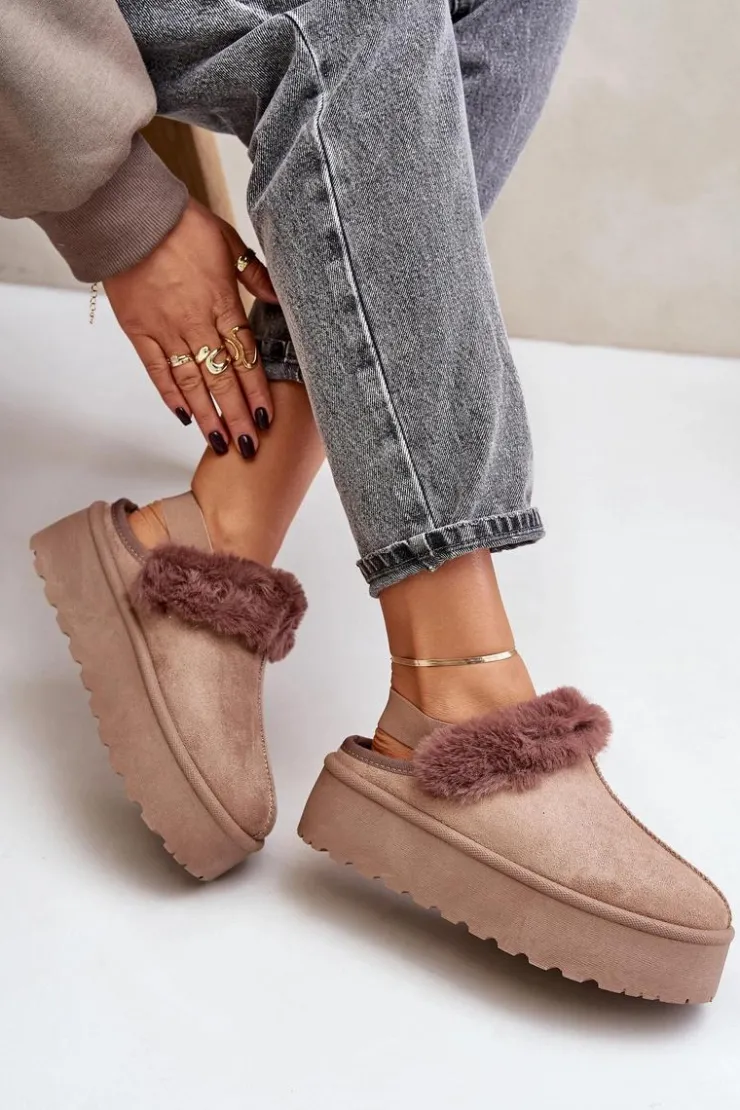 Damskie Boto Kapcie Damskie Na Platformie Z Futerkiem Ciemnobeżowe Linaris