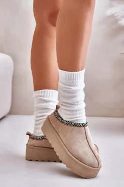 Boto Śniegowce Damskie|Kapcie Klasyczne*Kapcie Damskie Na Platformie Z Haftem Beżowe Neroma