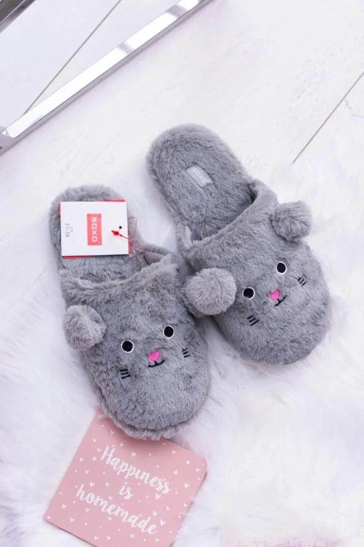 Damskie Boto Kapcie Damskie SOXO Myszki z Uszami Szare