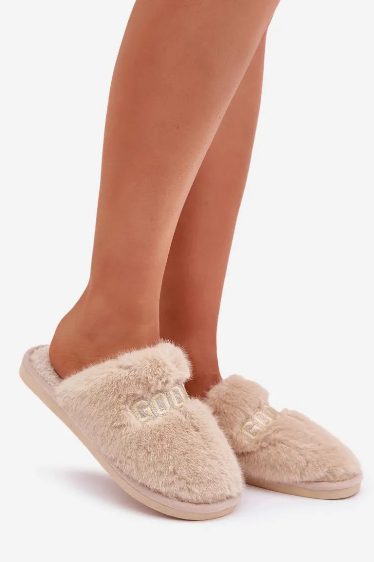 Boto Kapcie Klasyczne|Klapki Z Futerkiem*Kapcie Damskie Z Futerkiem I Napisem Beżowe Kalelia Beżowy