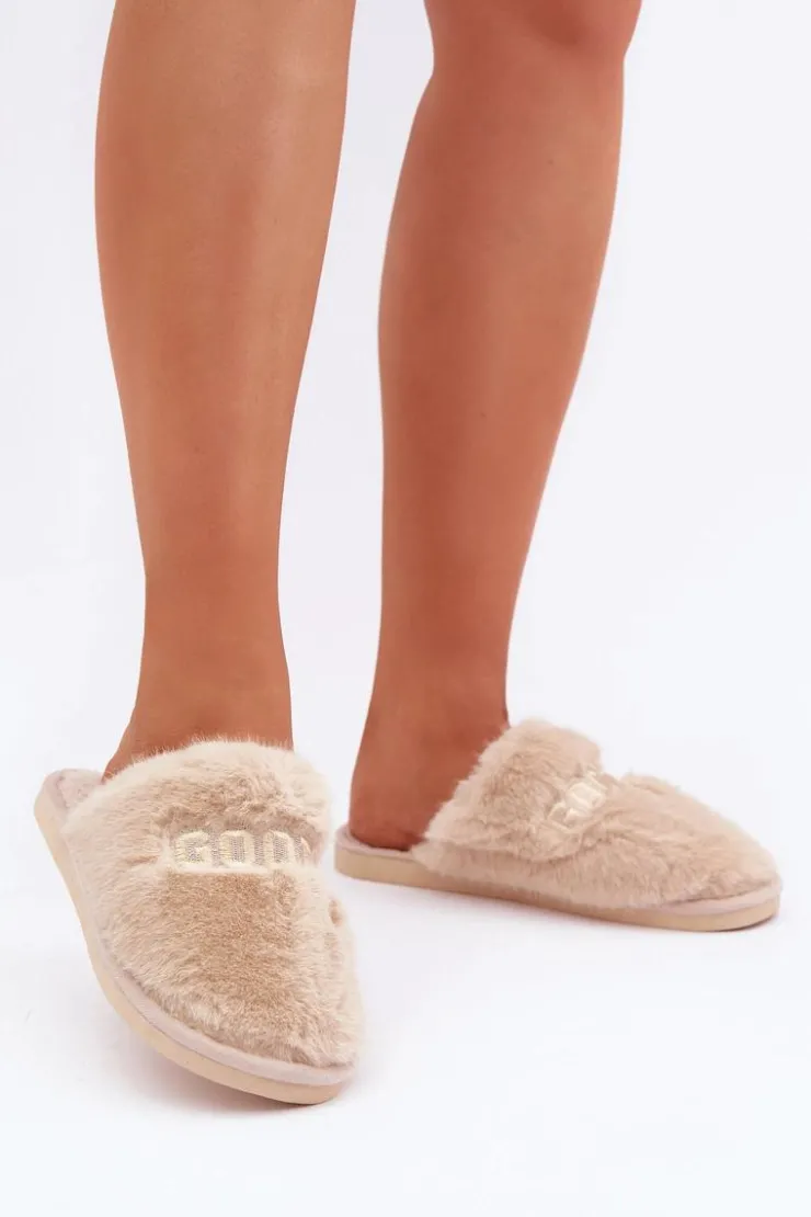 Boto Kapcie Klasyczne|Klapki Z Futerkiem*Kapcie Damskie Z Futerkiem I Napisem Beżowe Kalelia Beżowy