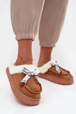 Sale Boto Kapcie Damskie Z Futerkiem I Kokardką Brązowe Fenella Brązowy