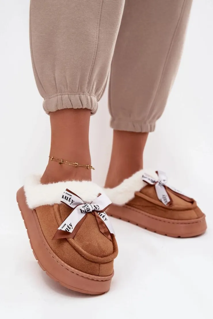 Sale Boto Kapcie Damskie Z Futerkiem I Kokardką Brązowe Fenella Brązowy