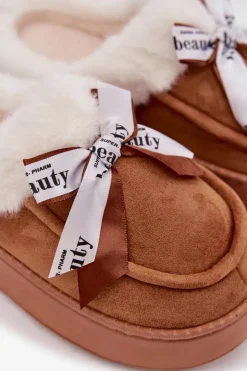 Sale Boto Kapcie Damskie Z Futerkiem I Kokardką Brązowe Fenella Brązowy