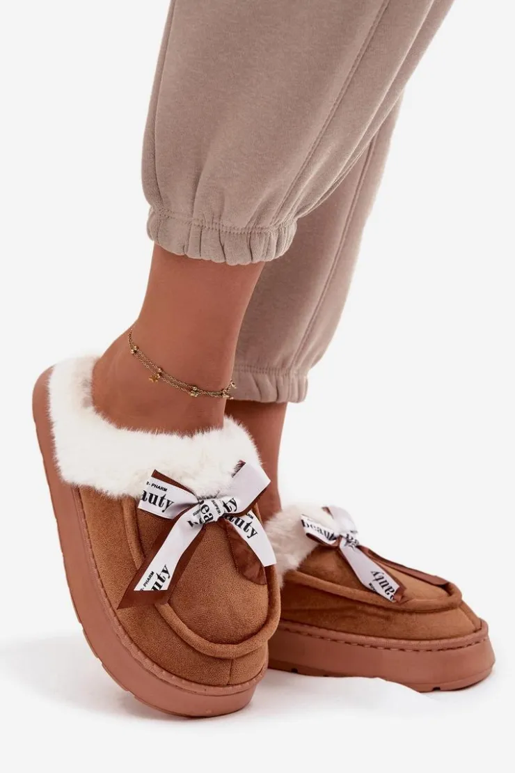 Sale Boto Kapcie Damskie Z Futerkiem I Kokardką Brązowe Fenella Brązowy