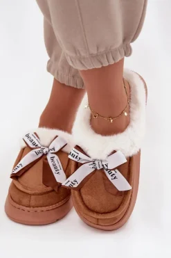 Sale Boto Kapcie Damskie Z Futerkiem I Kokardką Brązowe Fenella Brązowy