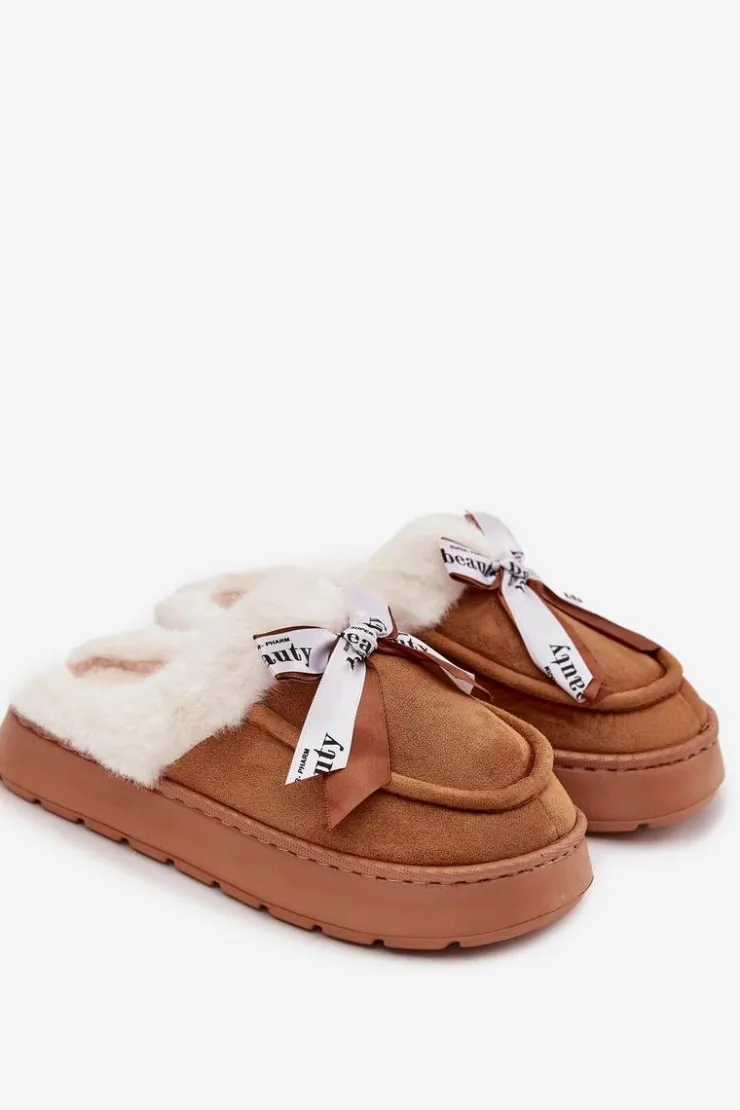 Sale Boto Kapcie Damskie Z Futerkiem I Kokardką Brązowe Fenella Brązowy