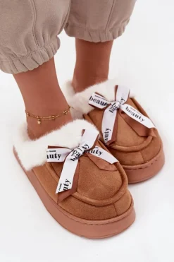 Sale Boto Kapcie Damskie Z Futerkiem I Kokardką Brązowe Fenella Brązowy