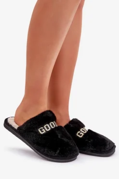 Boto Kapcie Klasyczne|Klapki Z Futerkiem*Kapcie Damskie Z Futerkiem I Napisem Czarne Kalelia Czarny