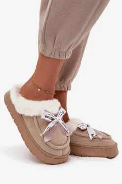 Boto Kapcie Klasyczne*Kapcie Damskie Z Futerkiem I Kokardką Beżowe Fenella Beżowy