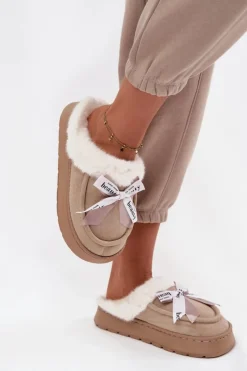 Boto Kapcie Klasyczne*Kapcie Damskie Z Futerkiem I Kokardką Beżowe Fenella Beżowy