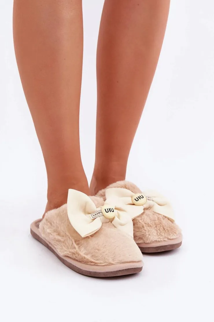 Boto Kapcie Klasyczne*Kapcie Damskie Z Futerkiem I Kokardą Beżowe Olfedi Beżowy