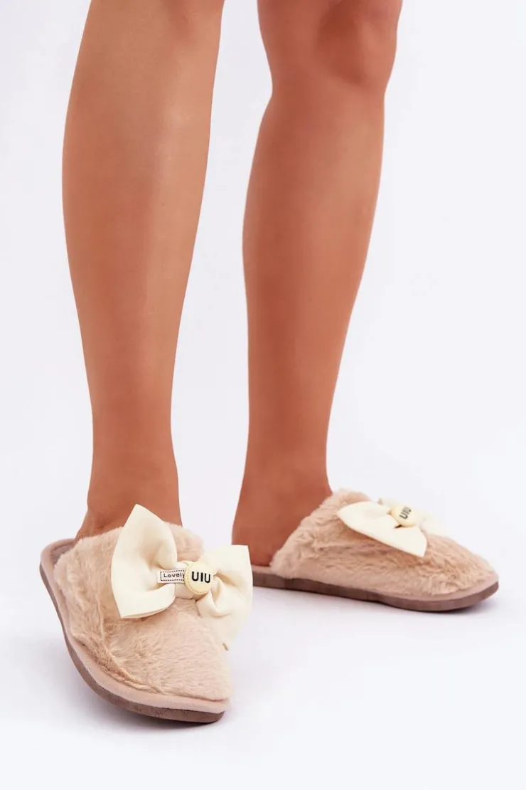 Boto Kapcie Klasyczne*Kapcie Damskie Z Futerkiem I Kokardą Beżowe Olfedi Beżowy