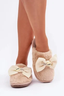 Boto Kapcie Klasyczne*Kapcie Damskie Z Futerkiem I Kokardą Beżowe Olfedi Beżowy