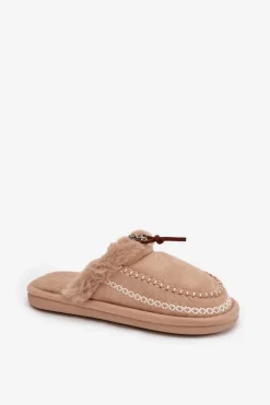 Clearance Boto Kapcie Damskie Z Futerkiem I Haftem Beżowe Perivelle