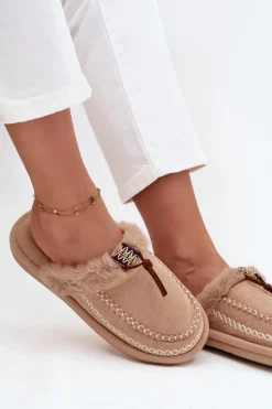 Clearance Boto Kapcie Damskie Z Futerkiem I Haftem Beżowe Perivelle