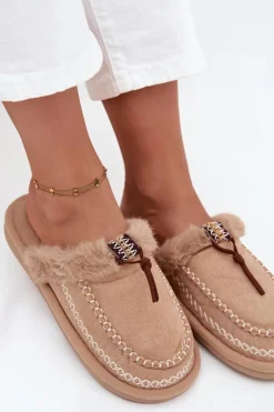 Clearance Boto Kapcie Damskie Z Futerkiem I Haftem Beżowe Perivelle