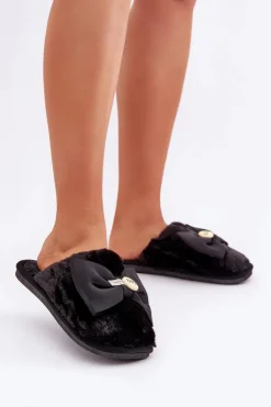 Damskie Boto Kapcie Damskie Z Futerkiem I Kokardą Czarne Olfedi