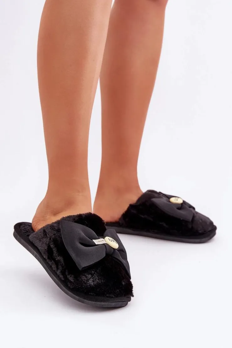 Damskie Boto Kapcie Damskie Z Futerkiem I Kokardą Czarne Olfedi