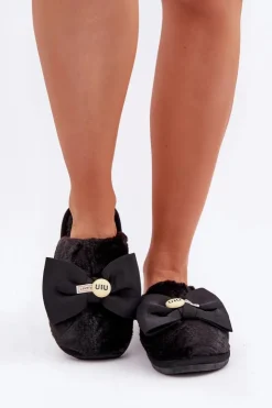 Damskie Boto Kapcie Damskie Z Futerkiem I Kokardą Czarne Olfedi