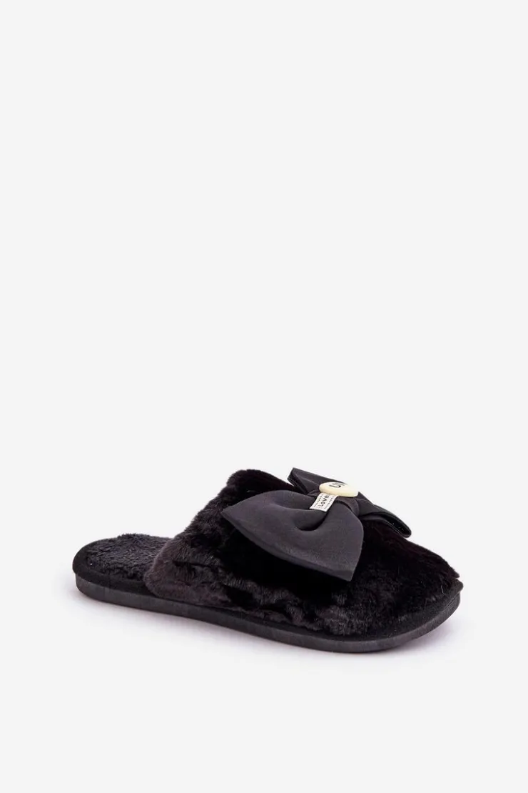 Damskie Boto Kapcie Damskie Z Futerkiem I Kokardą Czarne Olfedi