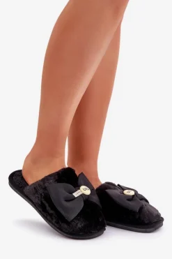 Damskie Boto Kapcie Damskie Z Futerkiem I Kokardą Czarne Olfedi