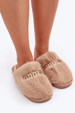 Best Boto Kapcie Damskie Z Futerkiem I Napisem Brązowe Kalelia Brązowy